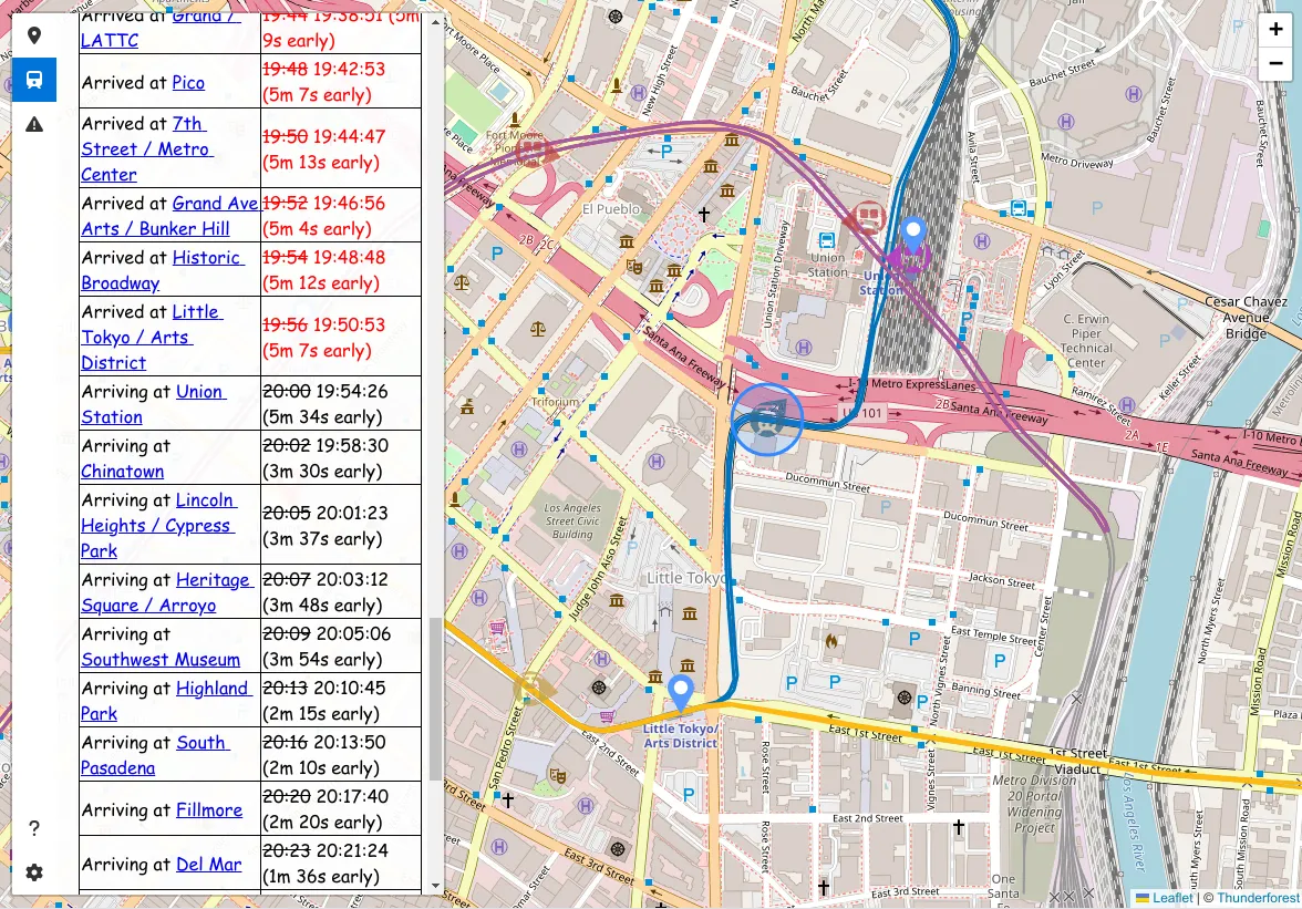 View of TrackGauge; multicolored train icons and routes overlaid on a map of the Downtown Los Angeles area